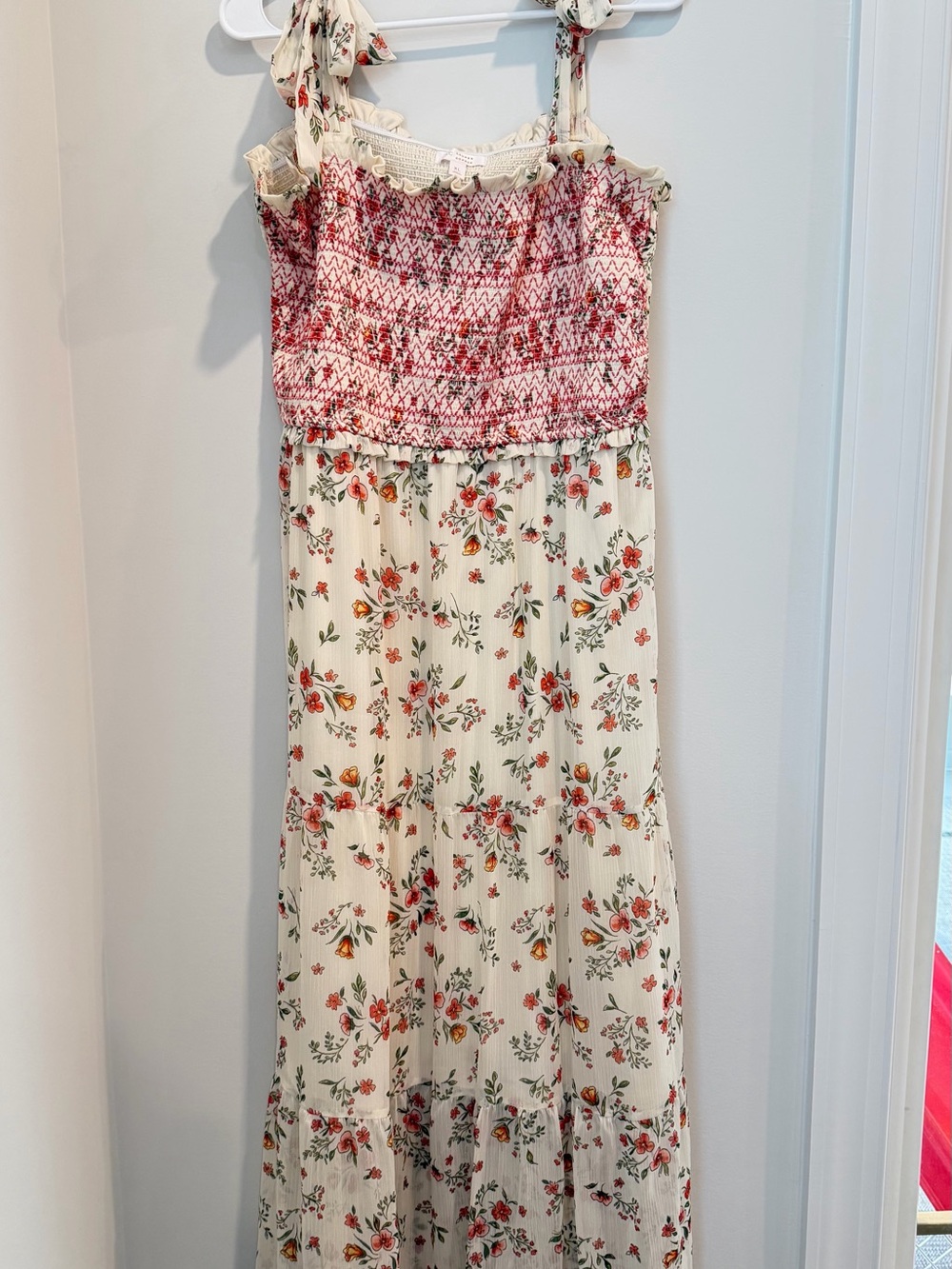 LC Lauren Conrad Cream Floral Maxi Dress with Red Smocked Bodice - Picture 3 of 4